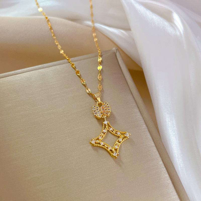 Titanium Steel Light Luxury Square Temperament Micro Diamond Necklace Women'S Exquisite Wind Collarbone Chain With Jewelry