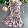 French Light and Mature Style Elegant Bow V-neck Horn Sleeve Dress Women's Waist Bright Silk Printed Ruffle Edge Dress
