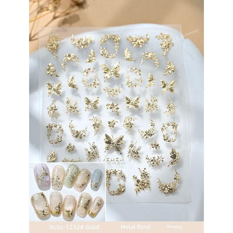 

New Arrival Metal Small Flower Three-Dimensional Relief Gilding Nail Stickers Paper Rose Golden Butterfly Silver HANAFUJI Fingertip Small Pattern itutu-1232# gold metal floral bronzing