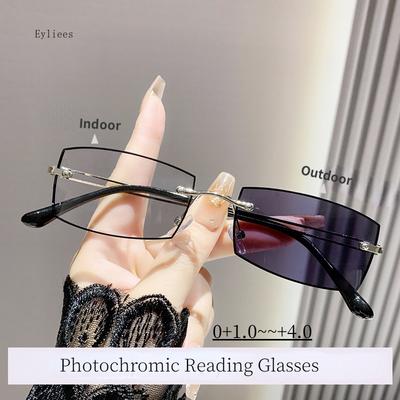 Fashion Rimless Square Photochromic Sunglasses Blue Light Blocking Women Men Reading Glasses Finished Far Sight Eyewear Diopter