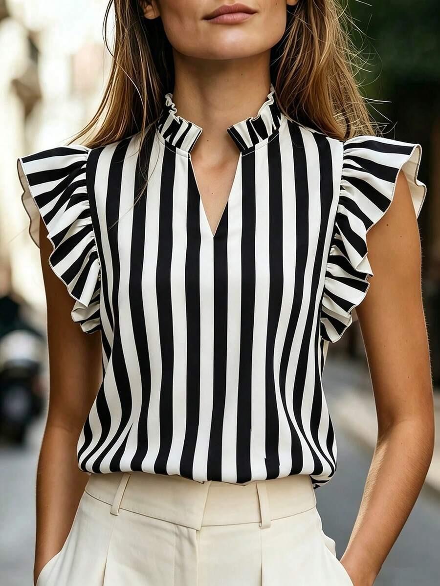 Vintage Ruffle Print Sleeveless Blouse Versatile Women M