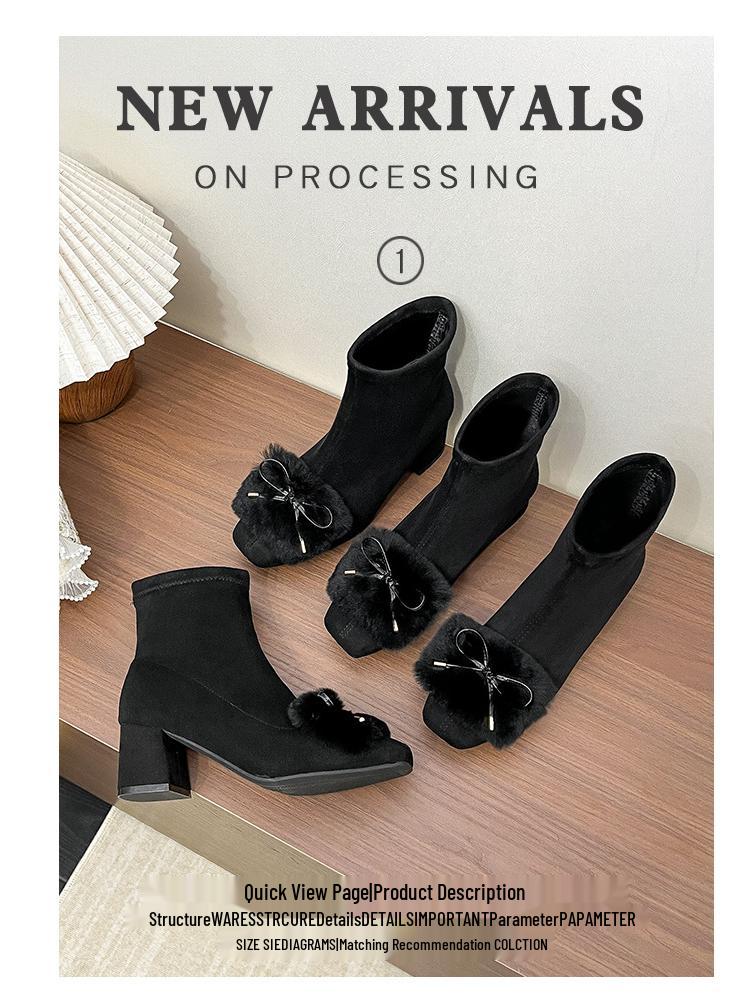 Autumn/Winter 2025 Women's Fur Velvet Stretch Chunky Heel Short Sock Boots