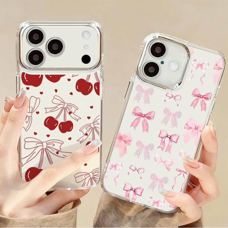 Bowknots Cherry Pattern Case For iPhone 17 Pro Max Plating Lens Frame Clear Soft Cover For iPhone 16 15 14 13 Pro Max 11 16E 17E