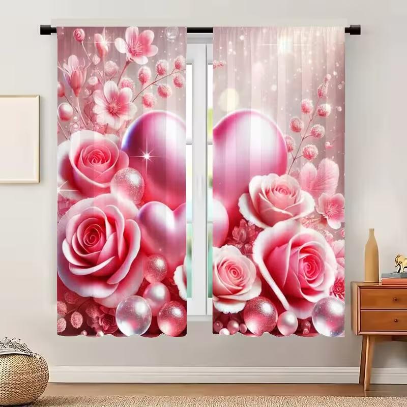 2PC Valentine's Pink Rose Heart Curtains Glitter Ball Print Light Filtering Sheer Drapes Romantic Window Curtains for Bedroom