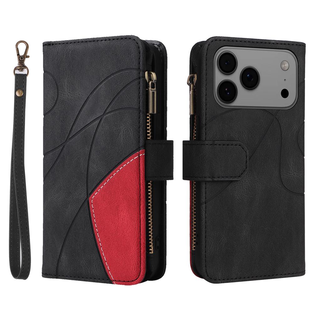 For iPhone 17 Pro Max Leather Case with Strap Zipper 9 Card Slot Phone Cover Stand