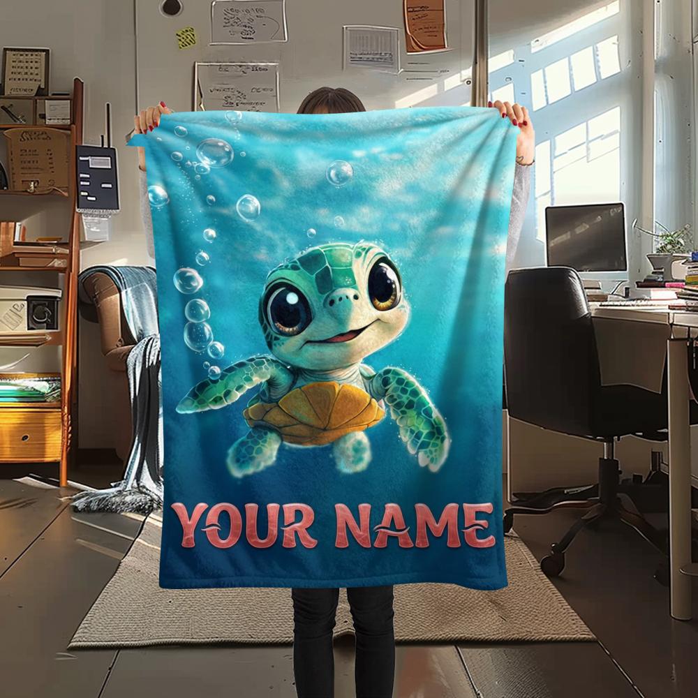 1PC Custom Name Ocean Adventure Turtle Patterned Flannel Blanket Suitable For All Seasons for Home Decor Warmth and Comfort Gifts Holiday Present_lx