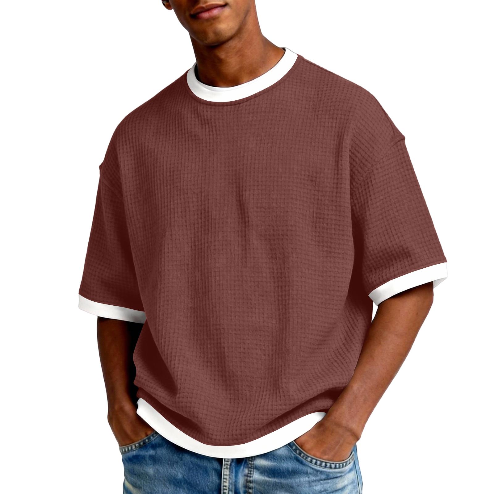 Men s Round-neck Color-block Casual T-shirt - Fashionable, Sporty, Loose-fitting, Versatile Men s Short-sleeved Clothing XL винный