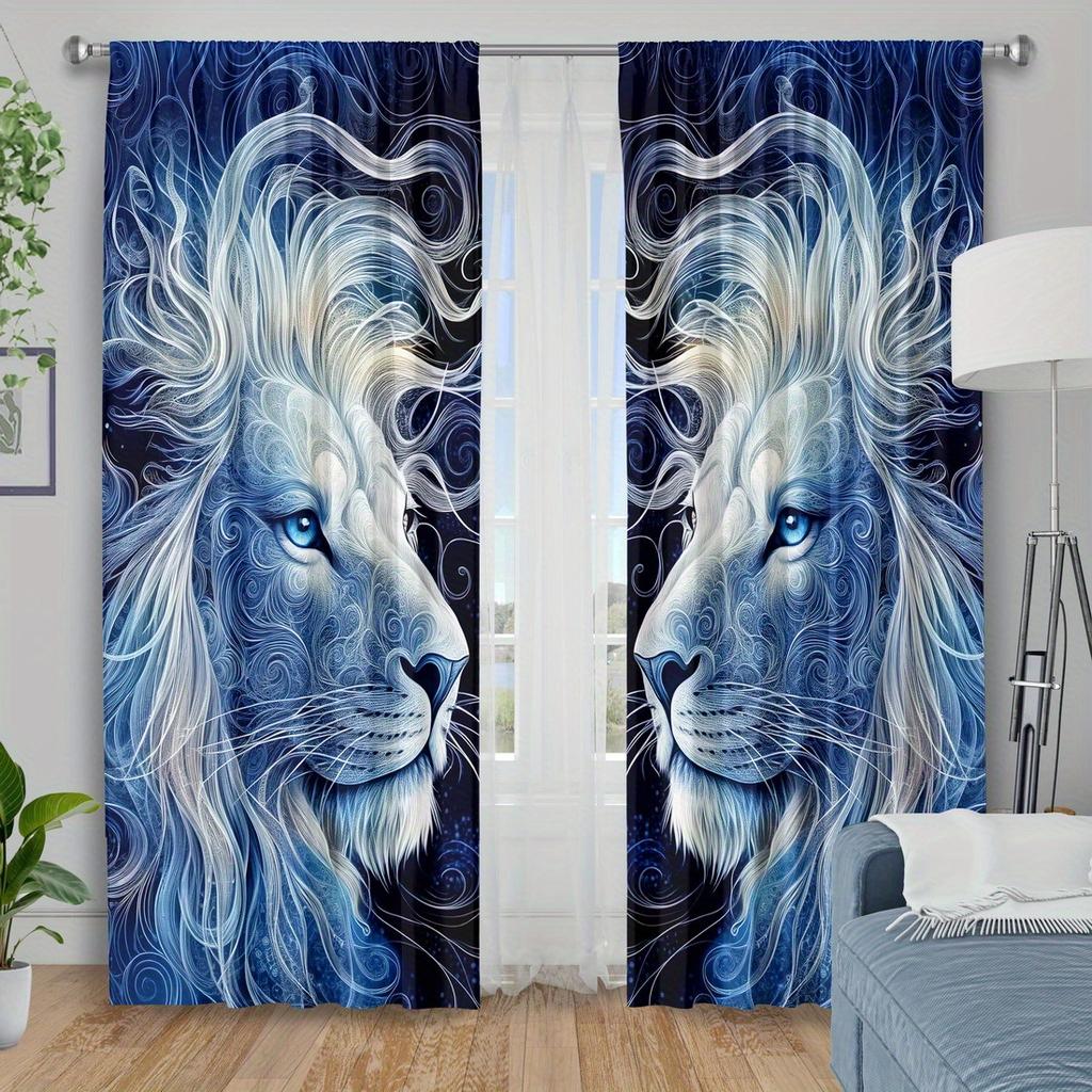 2pc Lion Print Pattern Curtains   Polyester Fabric   Machine Washable   Suitable for Bedroom   Living Room   Living Room Curtains