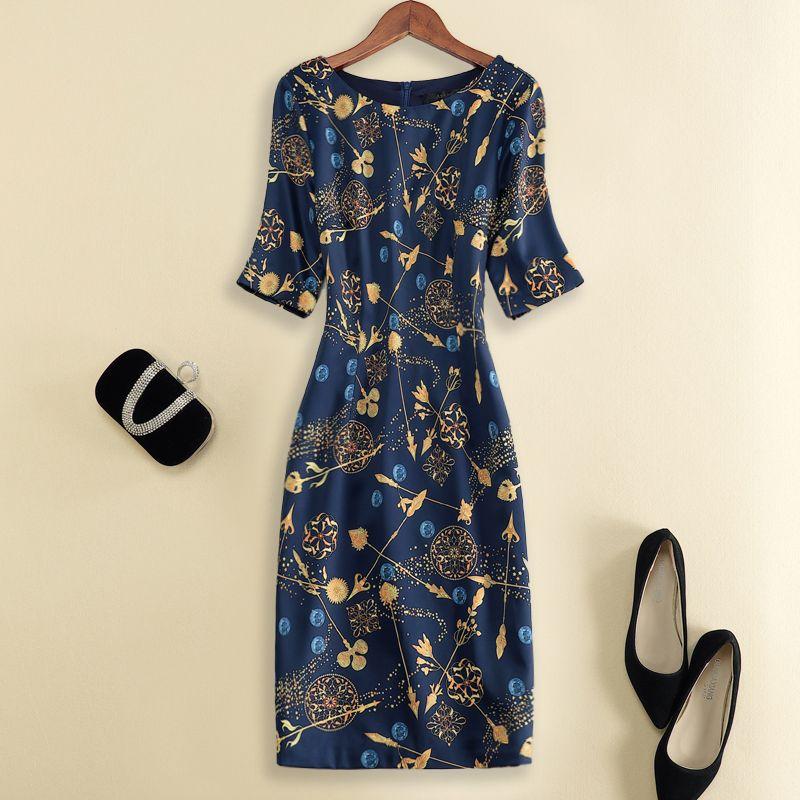 

Европейская станция Элегантное Изящное Стройнящее Платье с коротким рукавом Dark blue S