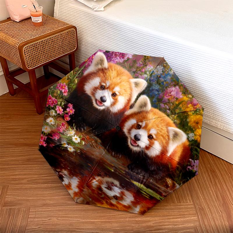 Two Red Pandas Pattern, Automatic Folding Umbrella, Portable and Foldable Design, 8 Ribs, a Christmas or Birthday Gift.