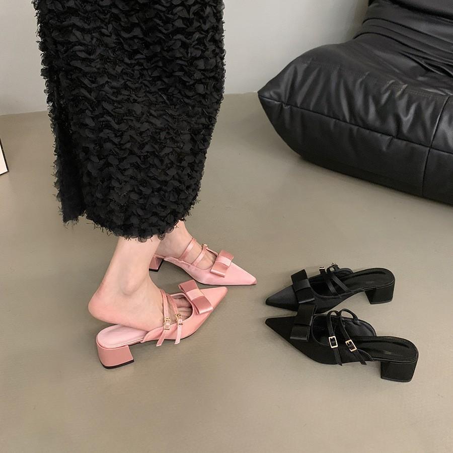 Pointed Toe Sandals Bow New French Thick Heel Bag Head Half Slippers Women's Shoes 2025 Summer Mary Jane Outer Wear