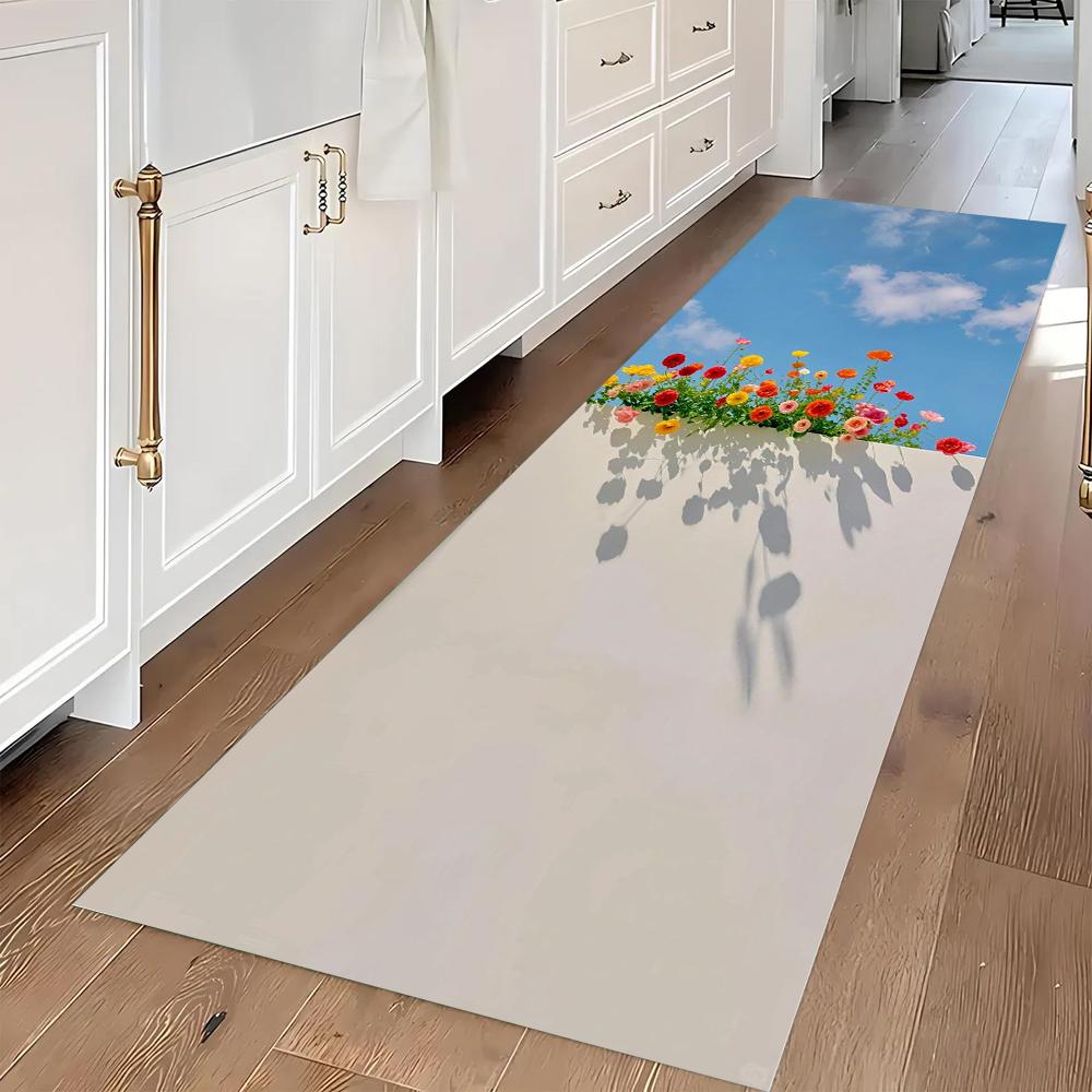 

Beach Scene Runner Rug Coastal Flowers Print Carpet Soft Non-Slip Mat Modern Home Decor Rug for Hallway Living Room Bedroom 40X120CM
