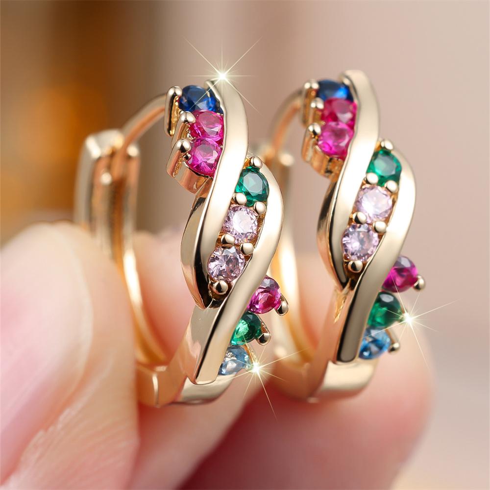 Multicolor Crystal Small Round Stone Twisted Hoop Earrings For Women Vintage Gold Color Ear Buckle Wedding Party Jewelry Gifts