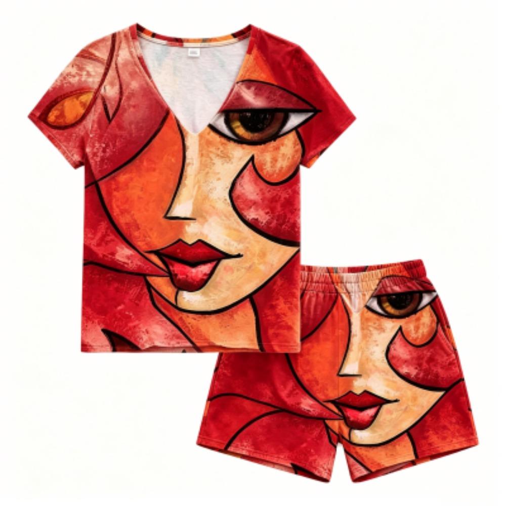 Fashion Character Face Printing Outdoor Street Women s V Neck T-shirt and Shorts 2 Piece Set Summer Casual Outfit Women s Sports Set S