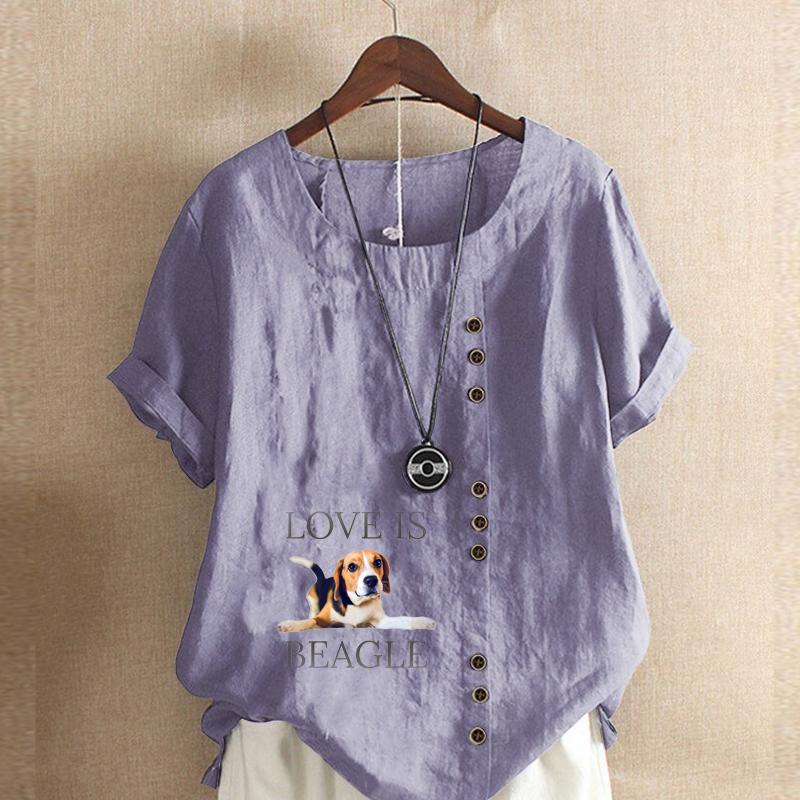 Women's Fashion Dog Prined Round Neck Short Sleeve T-shirt Casual Cotton Linen Graphic Shirt Leisure Loose Summer Blouse Tops