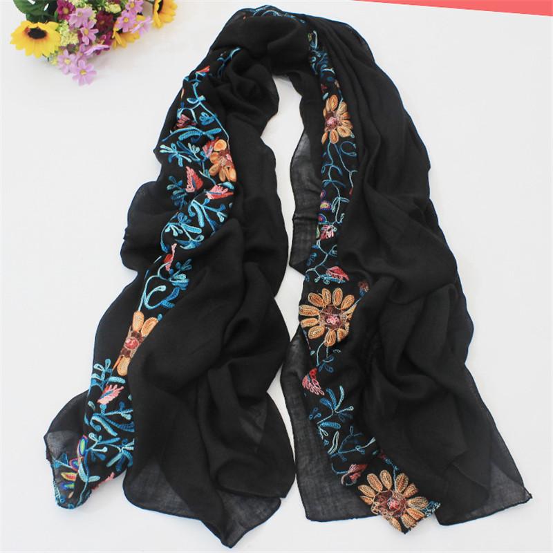 Women Cotton Viscose Shawl Plain Embroider Floral Turban Style Pashmina Wrap Thick Sun Protection Summer Soft Shawl 180*90Cm