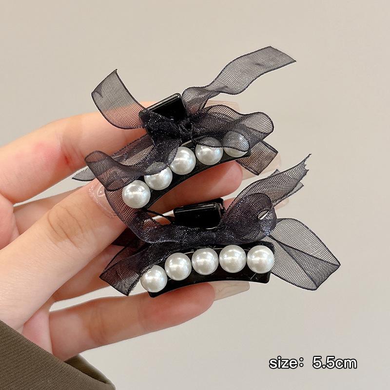 Elf Ear Bow Princess Pearl Hair Clip, Small Claw for Side Bangs, Sweet Temperament Hair Accessory for Women