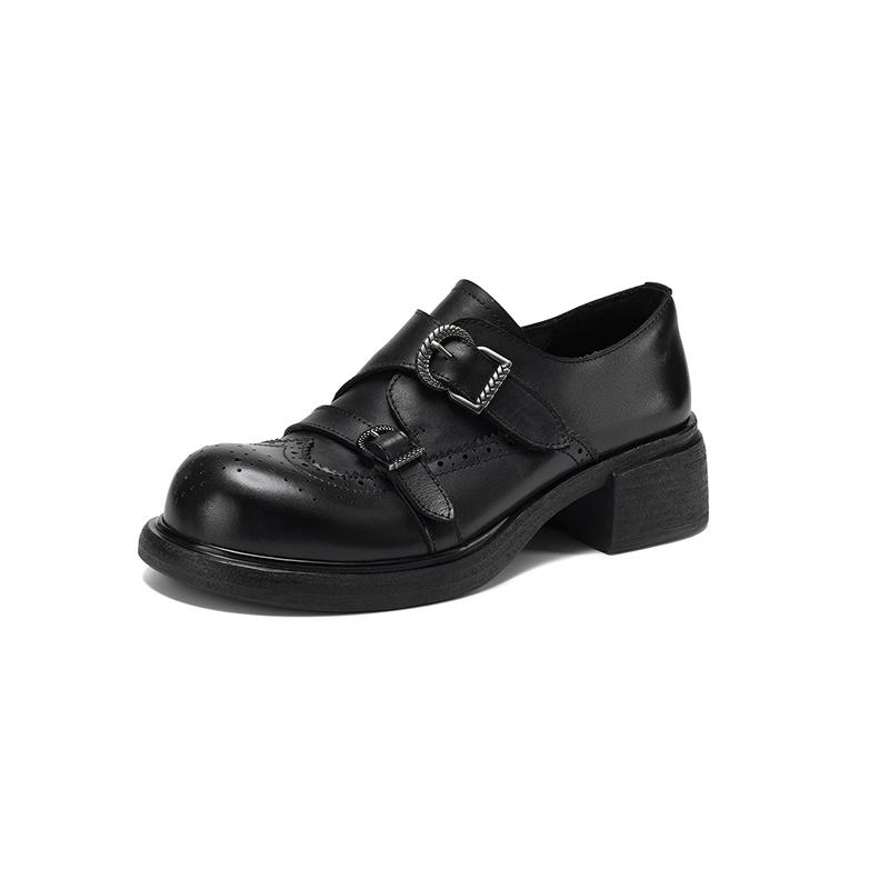 Height Increase Brock Engraved Women's Genuine Leather Velvet Small Leather Shoes Old Money Style Retro Versatile Single Shoes