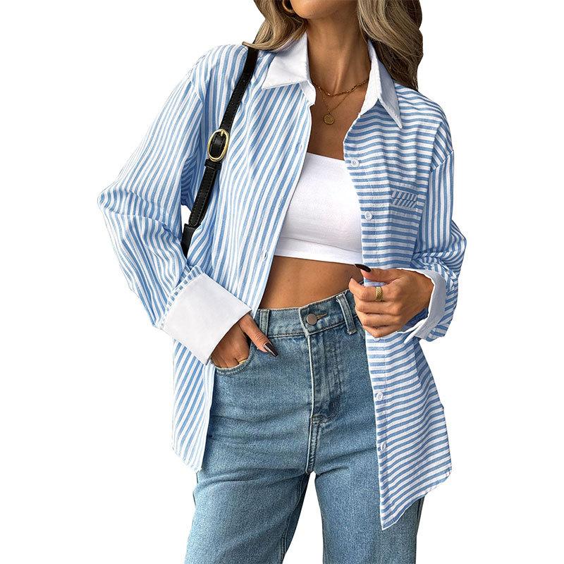 Women Spring Fall Button Down Stripes Shirt Casual Loose Collared Long Sleeve Oversized Blouse Shacket
