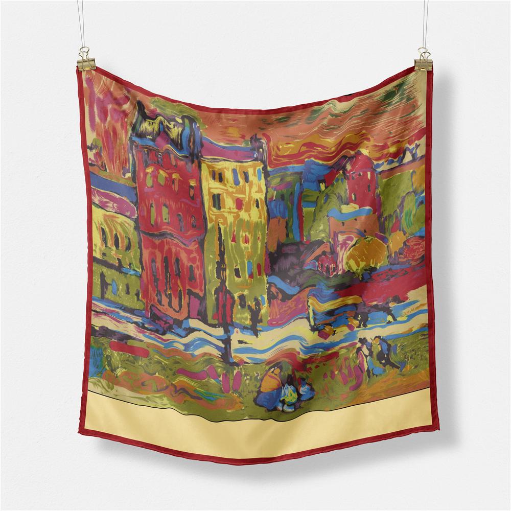 POBING Twill Silk Scarf Women Oil Painting Square Scarves Wraps Bandana Small Hijab Lady Foulards Tie Headband Neckerchief 53CM