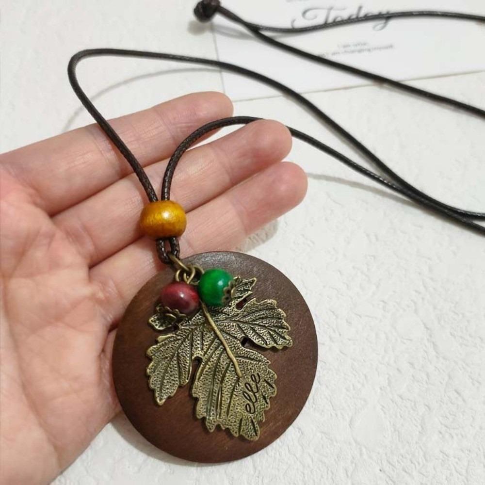 Boho Wooden Pendant Necklace Hollow Leaves Clothing Pendant Vintage Sweater Chain Gifts