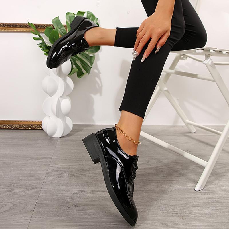 Lucyever Black Patent Leather Loafers Shoes for Women Plus Size Lace Up Office Flat Shoes Women Comfort Low Heels Pumps Ladies