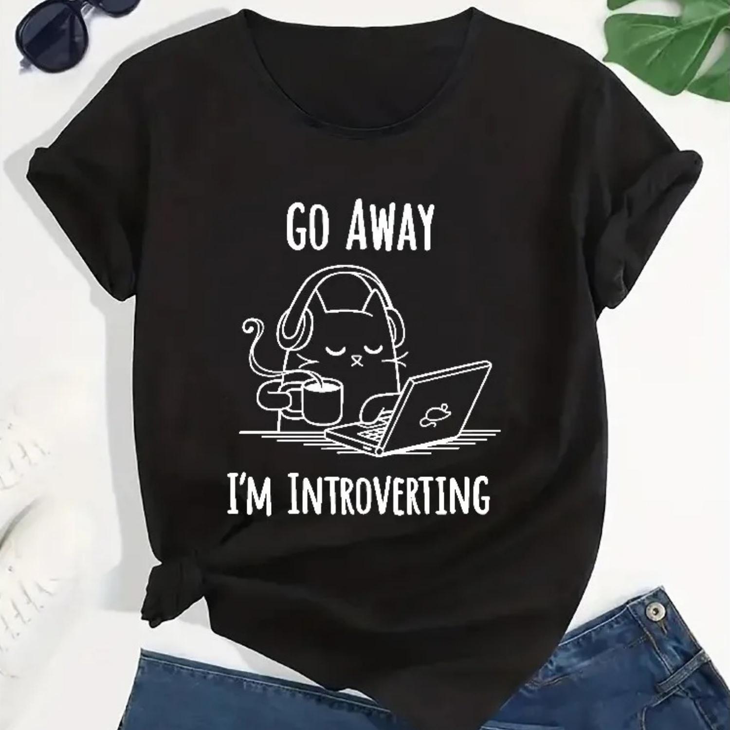 

Ladies, Step Aside_ Introverted Pattern T-Shirt Casual Crew Neck Short Sleeve Top Cat and Laptop Design Pattern Shirt S чёрный