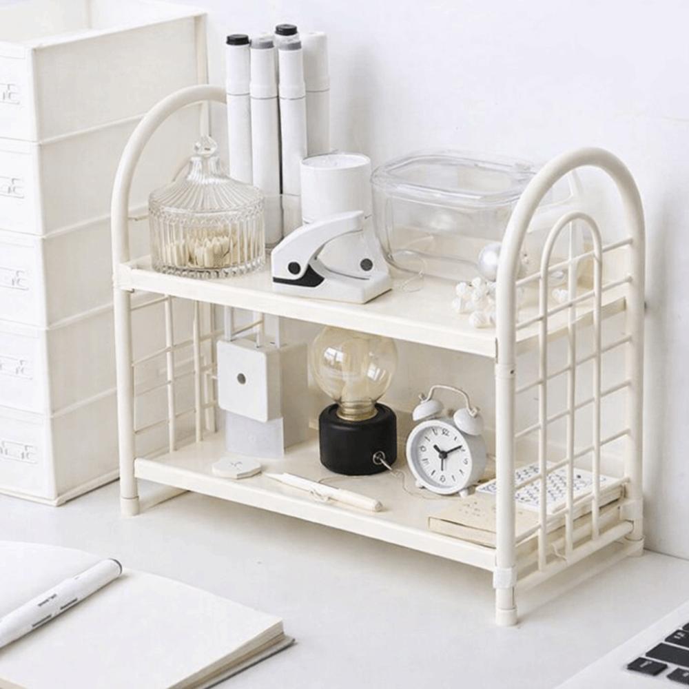 Plastic Double Layer Storage Rack Space Saving Desktop Organizer Shelf Hollow Out Organizer  Office