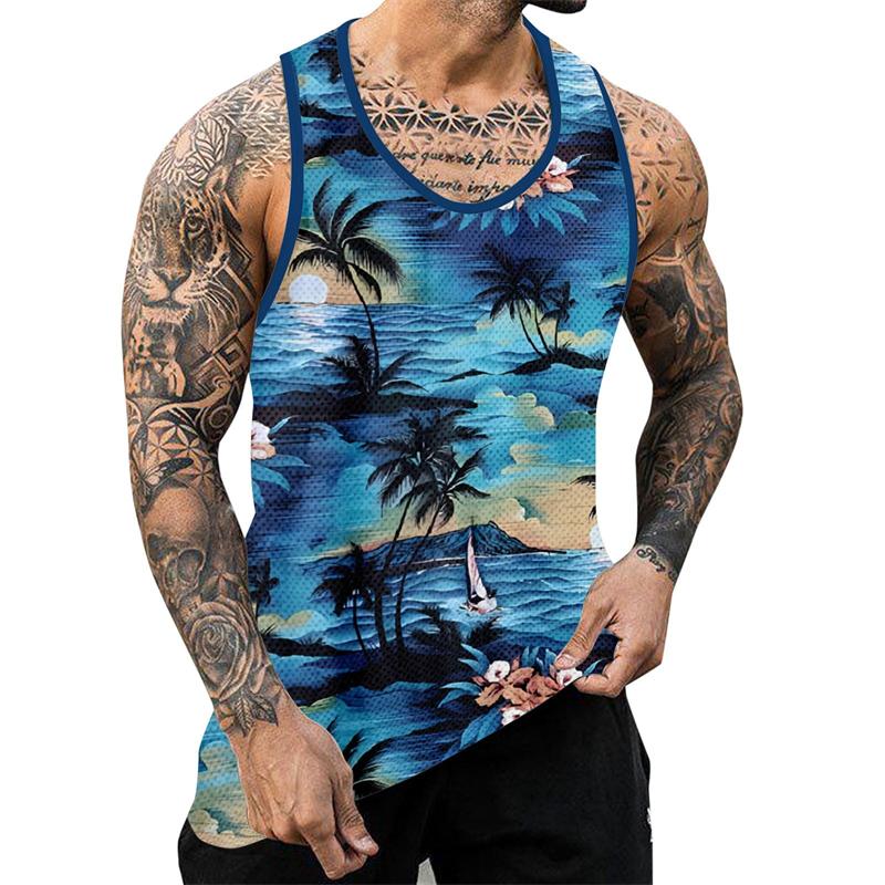 Palm Tree Graphic Tank Top For Men 3D Print Sleeveless Beach Hemp Palm Pattern Tops Paint Vest Hawaii Colorful Pigment T-shirt