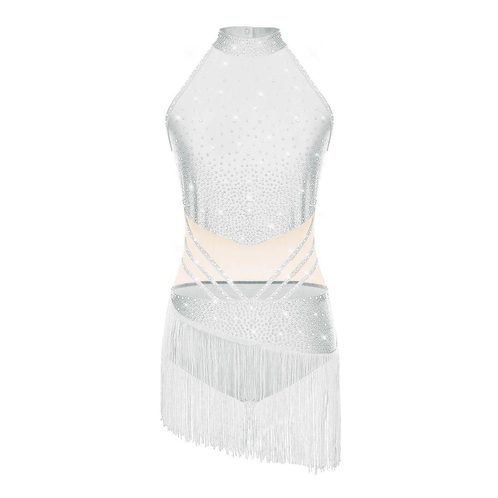 Womens Latin Dance Leotard Sleeveless Mock Neck Patchwork Rhinestones Tassels Adorned Gymnastics Costume