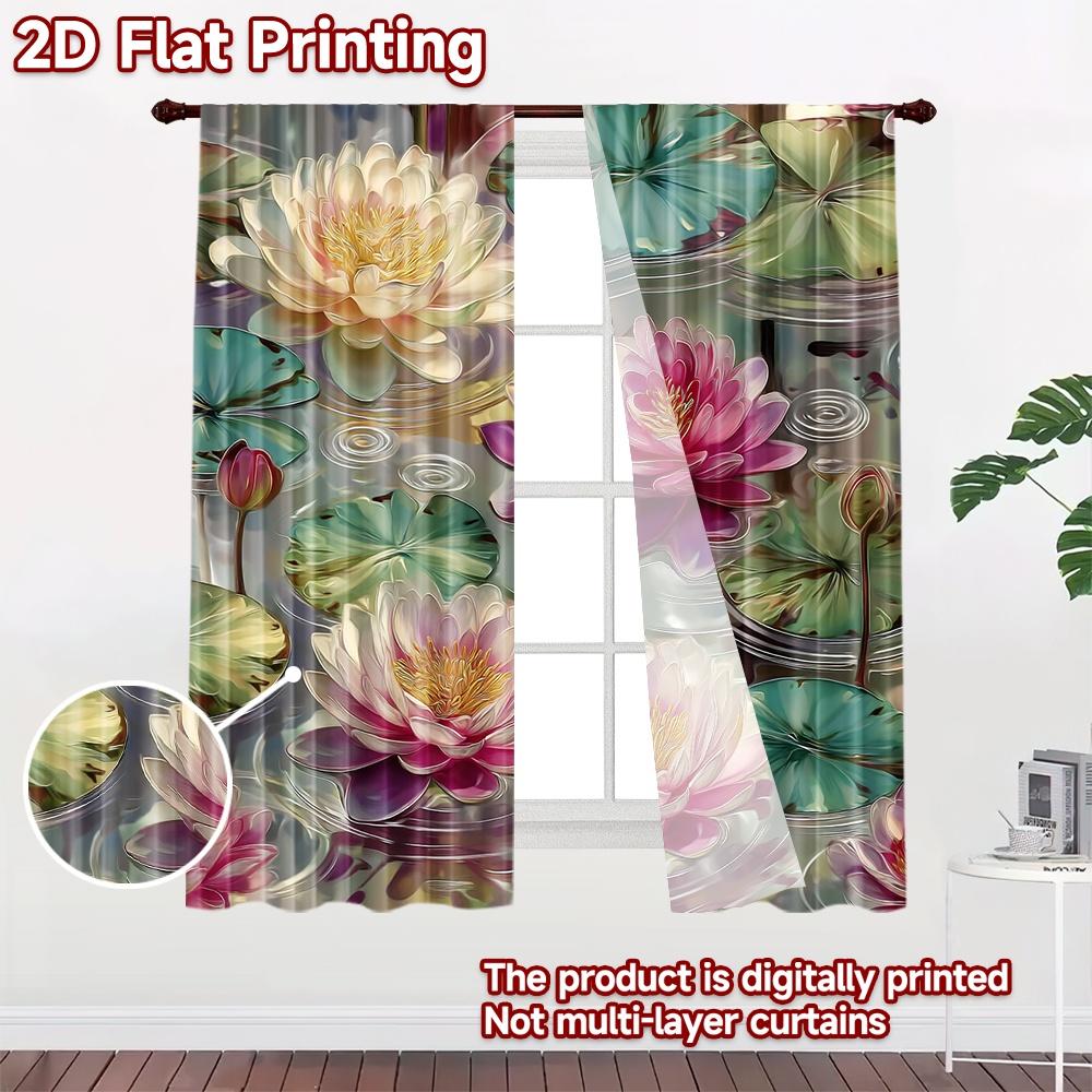 2D Flat Printing 2pcs Curtain Scene Curtain Lotus Flowers On Water Digital Printed Polyester Drapes Festive Wall Decor Use for