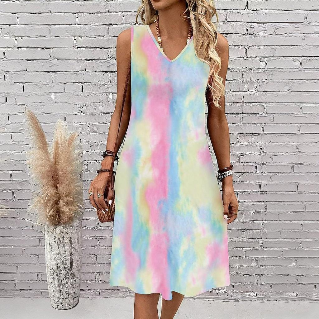 Plus Size V Neck Sleeveless Dress Dappled Sunlight Forest Stream Print For Outdoor Afternoon Rest