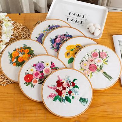 DIY Flowers Plants Pattern Embroidery Set Needlework Tools, Printed Beginner Embroidery Round Cross Stitch Kit Sewing Craft Kit