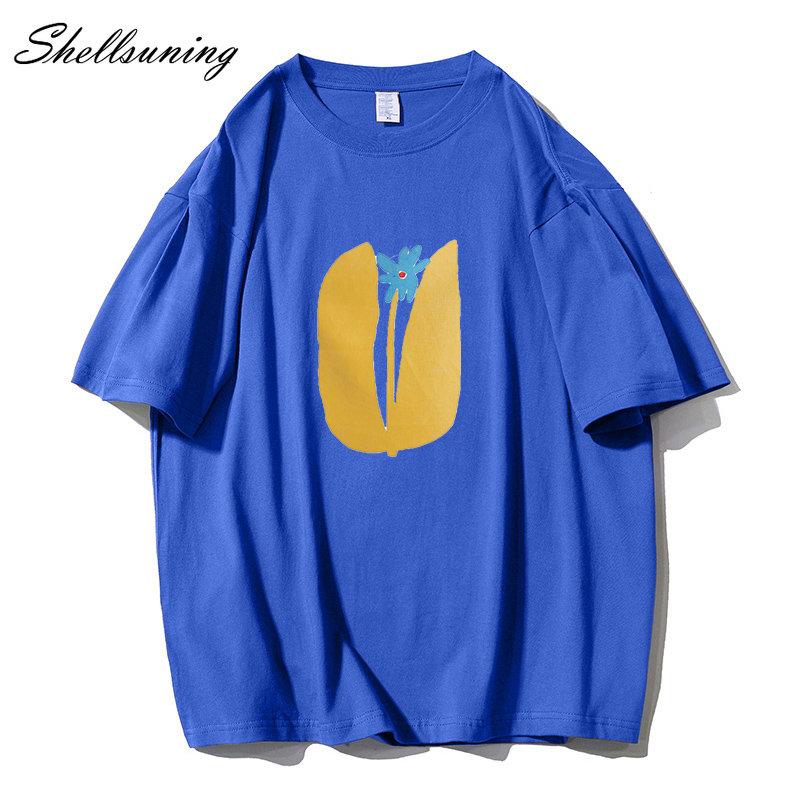 Shellsuning Summer Aesthetic Floral T Shirts Women Loose Short Sleeve Cotton Printed Tees Female Casual O Neck Vintage Base Tops