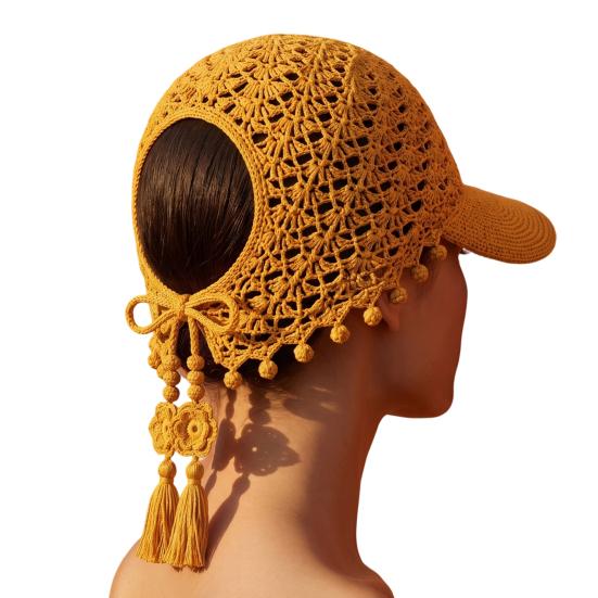 Breathable Summer Headwear Hand Crocheted Sunflower Baseball Cap, Bohemian Tassel Bell Hat, Handmade Knit Cutout Floral Spring Fashion Cap Beanie