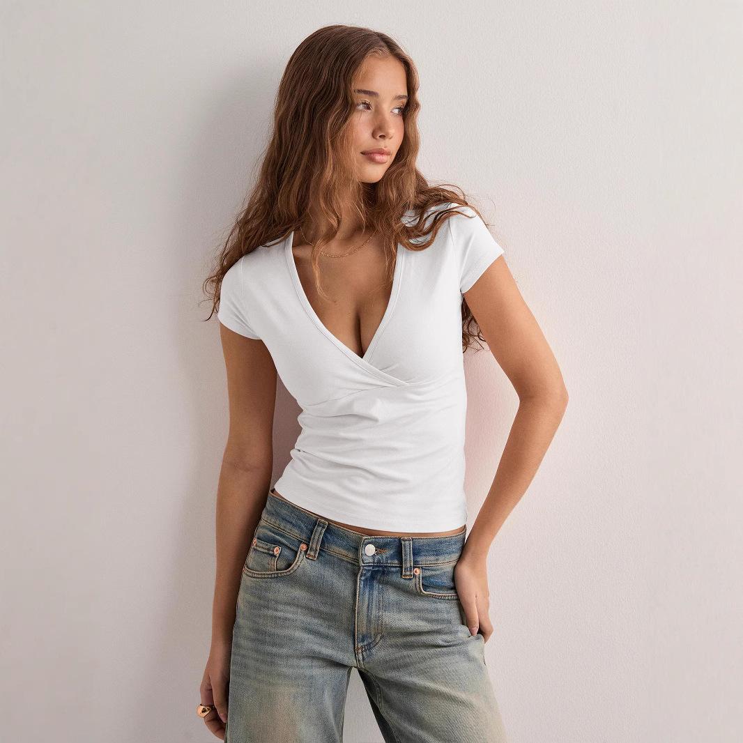 

Women s Y2K solid color slim navel revealing V-neck short-sleeved T-shirt XXL белый