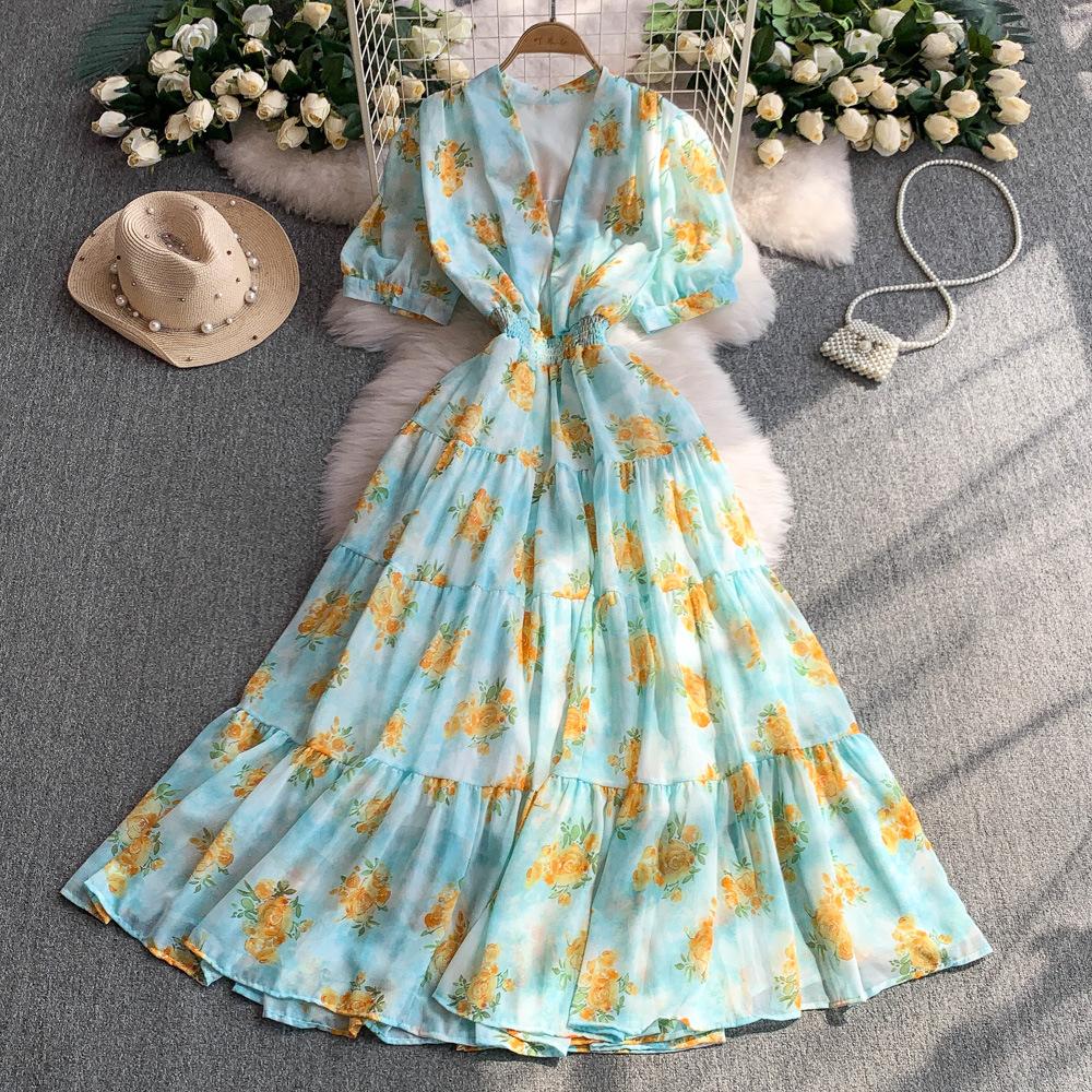 French Retro Coffee Break Floral V-neck Dress Women's Summer Elastic Waist Thin Ruffle Edge Big Swing Long Skirt