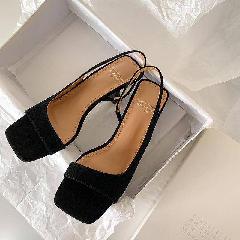 Silver First Layer Cowhide French Square Head Thin Heel Summer New Back Strap High Heel Simple Temperament Open-toed Sandals Women