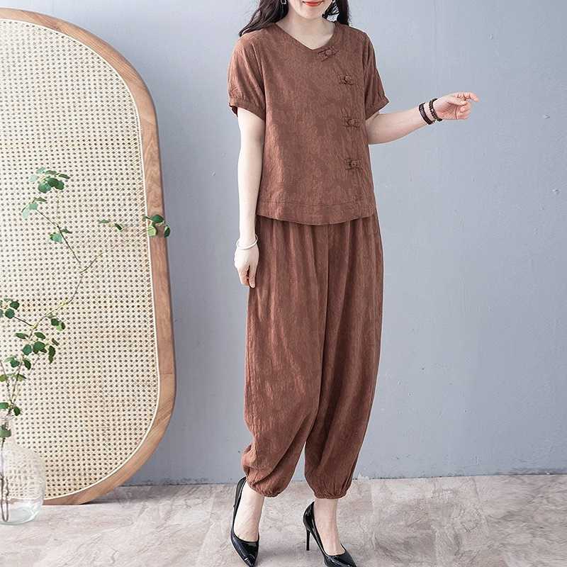 Vintage Set Bavlna Len Žakárový Hanfu Top+kalhoty Set Meditace Jóga Tai Chi Oblek pro venkovní chůzi