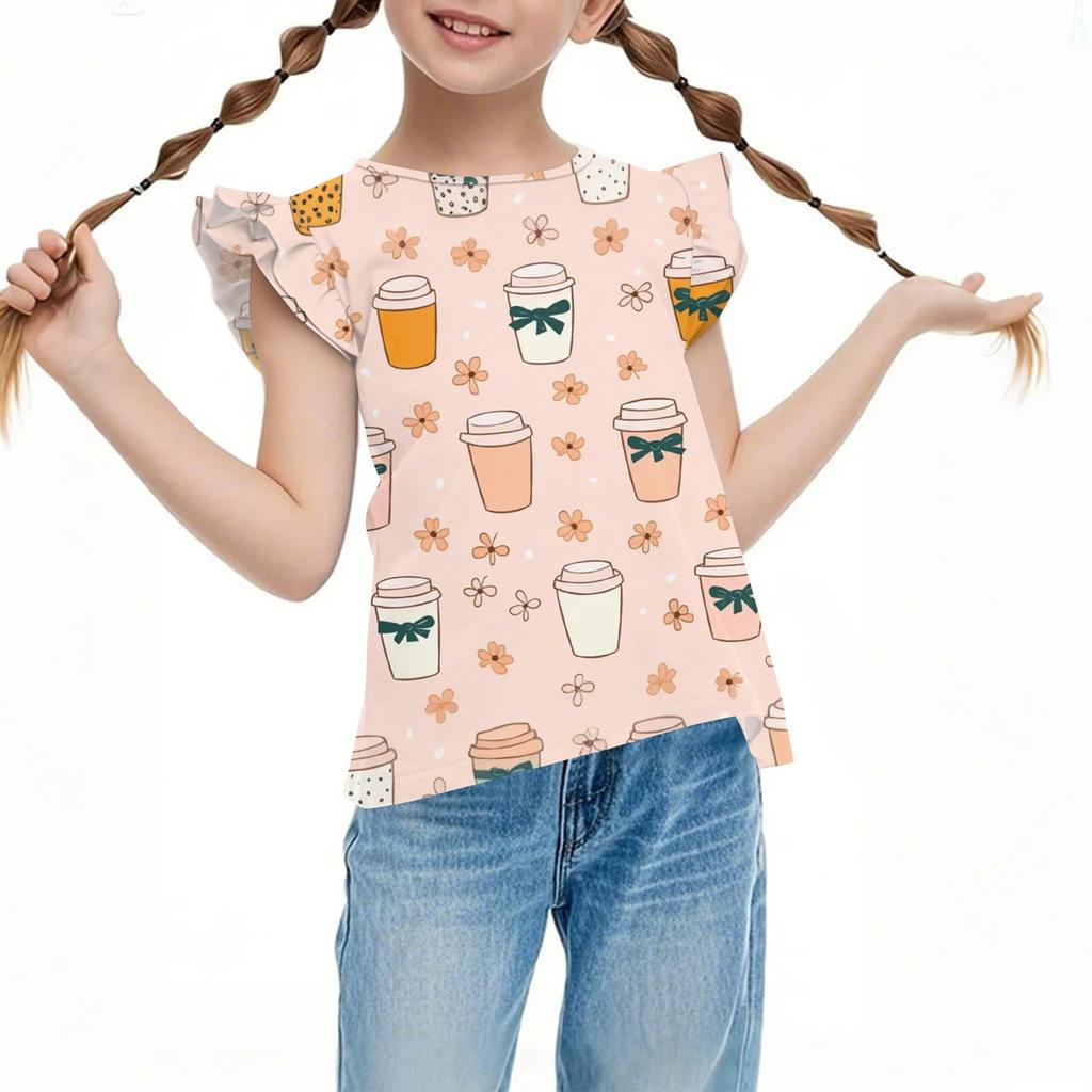 Children's Casual Short-Sleeved Pleated Cute Printed Round-Neck Solid-Color Top