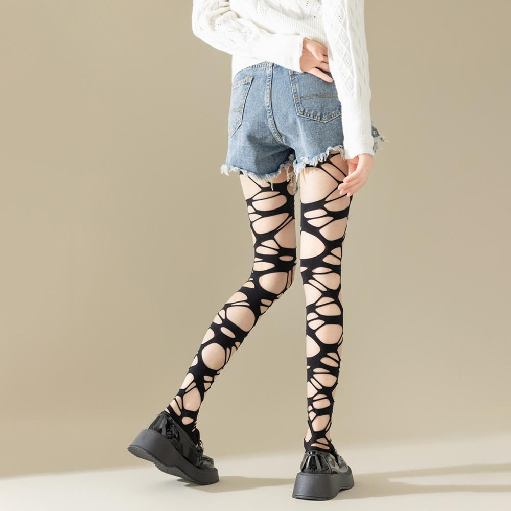 Sensual Midnight Pearl White Ripped Net Fabric Giant Delicate Leggings Female Youth Moody Rock Style EARLY 2000S STYLE Hollow Snug Open Weave