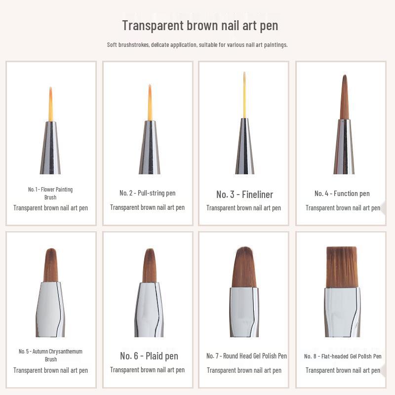 Translucent Brown Nail Art Brush Set: Flower and Gel Painting Brushes with Flat and Round Heads