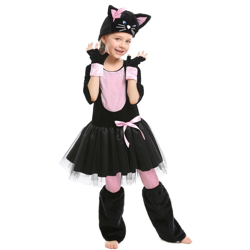 Kids Girls Animals Black Cat Dress Hat Sets Halloween Role Play Dress Up Cosplay Costume