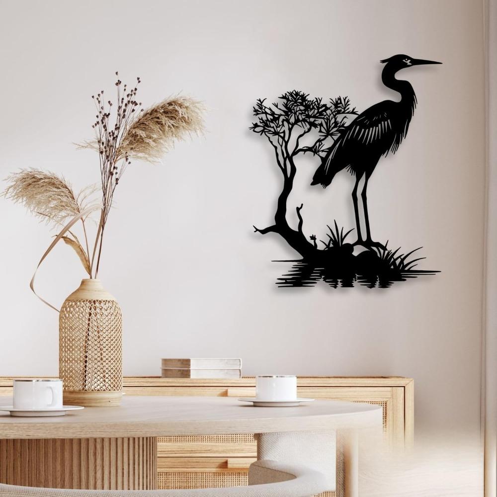 Metal Crane Wall Art, Japanese Style Black Decor for Living Room Bedroom Office