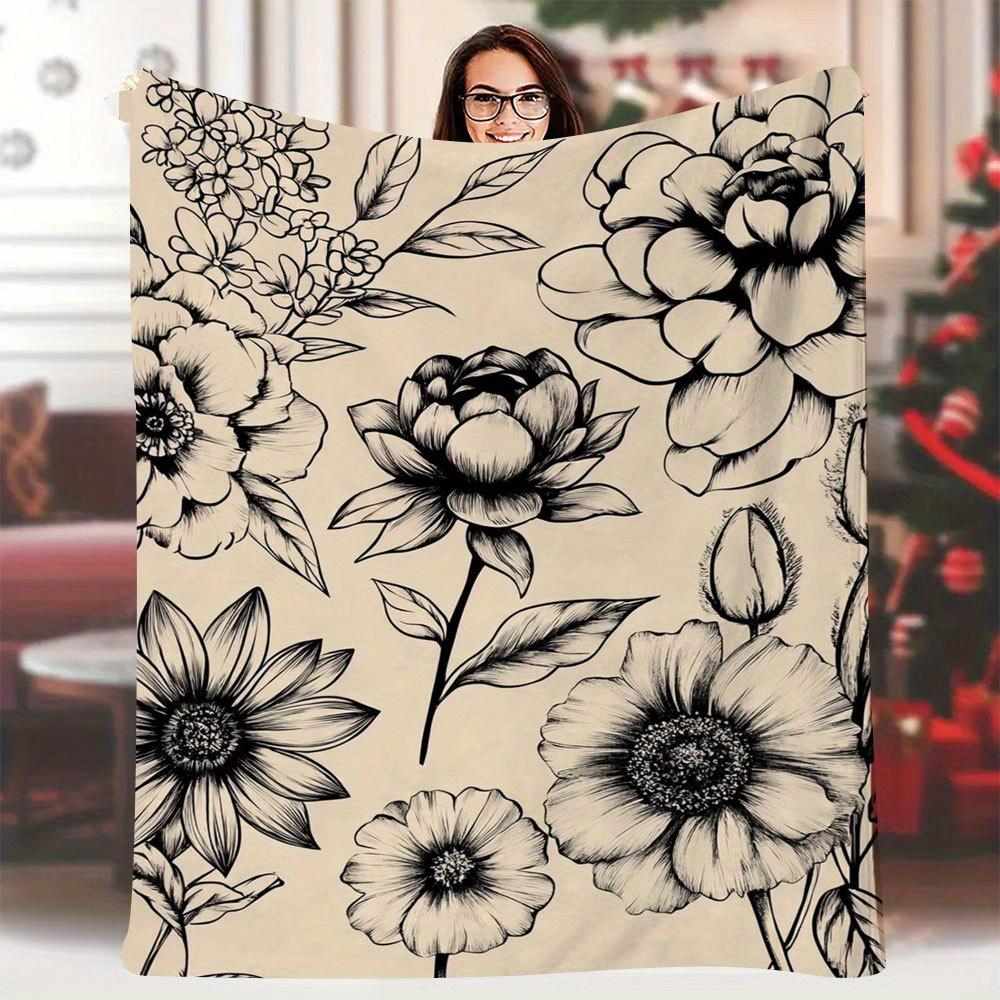 

1pc 60x80 Inch Vintage Floral Blanket - Hand-Drawn Black & White Flowers on Beige, Soft Durable Thread Count Fabric 70x100cm28x39in