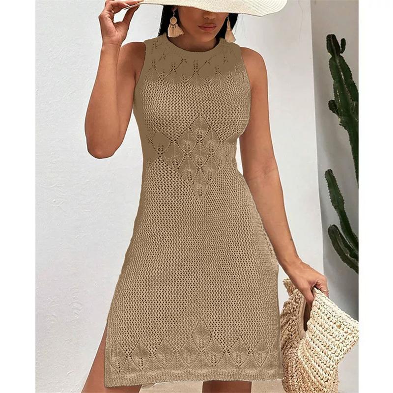 Summer Vacation Sexy Hollow Out O-neck Sleeveless Dress Solid Knitted Dress Elegant High Slit Dresses Beach Sunscreen Cover