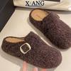 Leather thick-soled outer wear bag head half slippers autumn and winter new one-pedal lazy shoes fluffy shoes