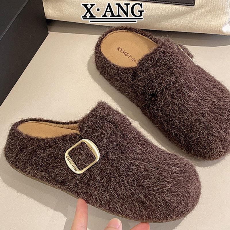 Leather thick-soled outer wear bag head half slippers autumn and winter new one-pedal lazy shoes fluffy shoes