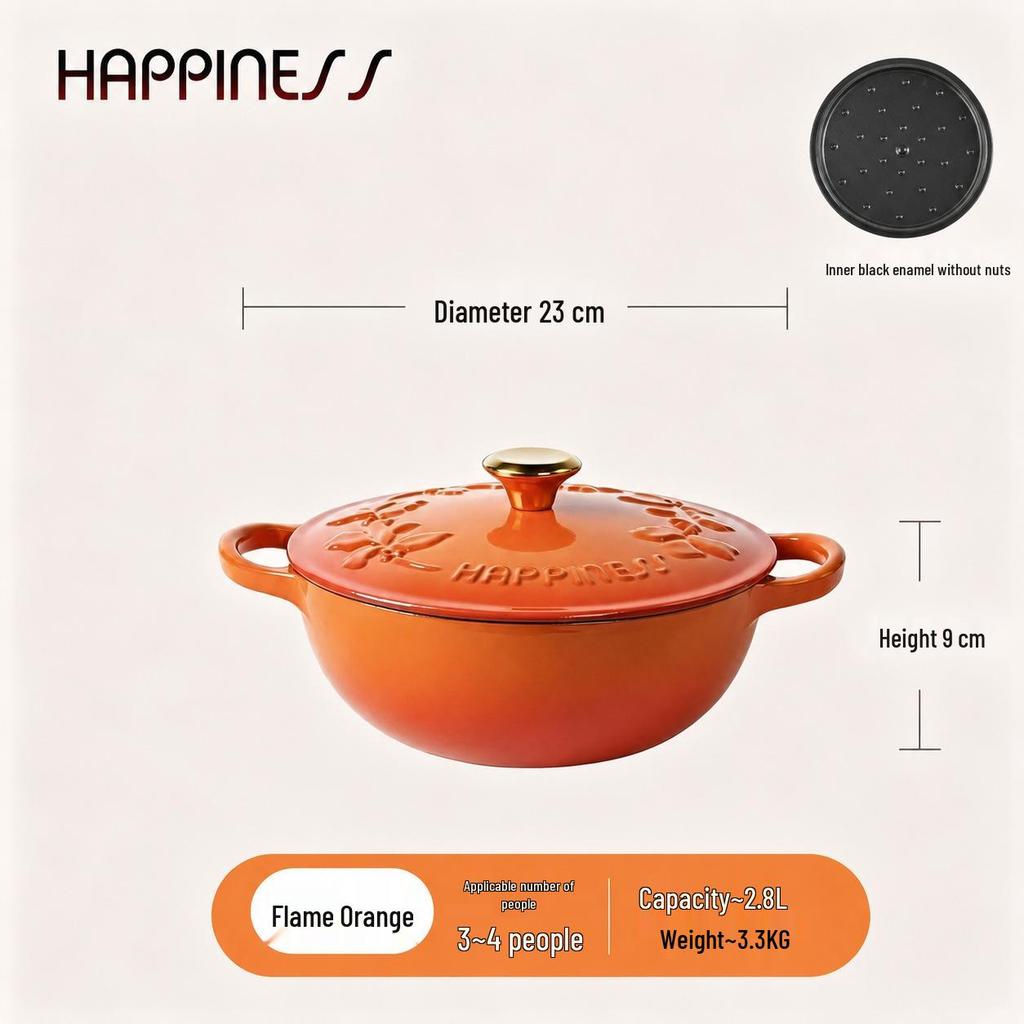 Little Happiness 23cm Non-stick Enamel Embossed Soup & Stew Pot, Induction Compatible