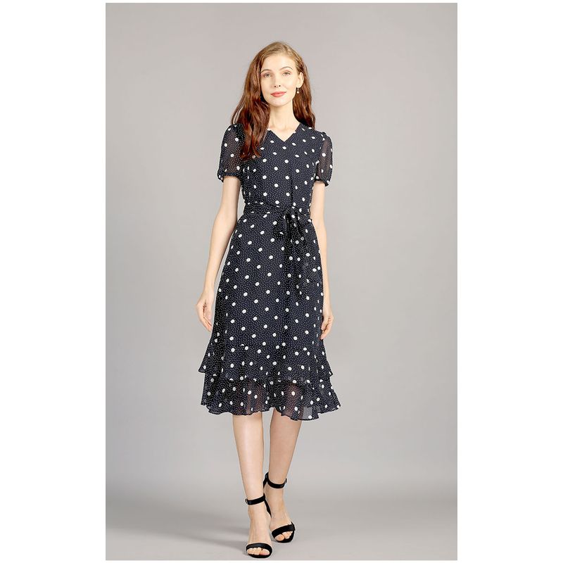 

Women s Slim Fit Chiffon Polka Dots Slim Looking Cake Short Sleeve Black and White Wave point S 45.00 kg-52.50 kg